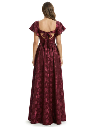 Beautiful V-Neck Floral Burnout Chiffon Flutter Sleeves A-Line Side Slit Floor-Length Formal Evening Dresses