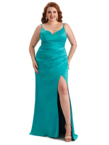 Plus Size Sexy Side Slit Spaghetti Straps Mermaid Soft Satin Long Maid of Honor Dresses