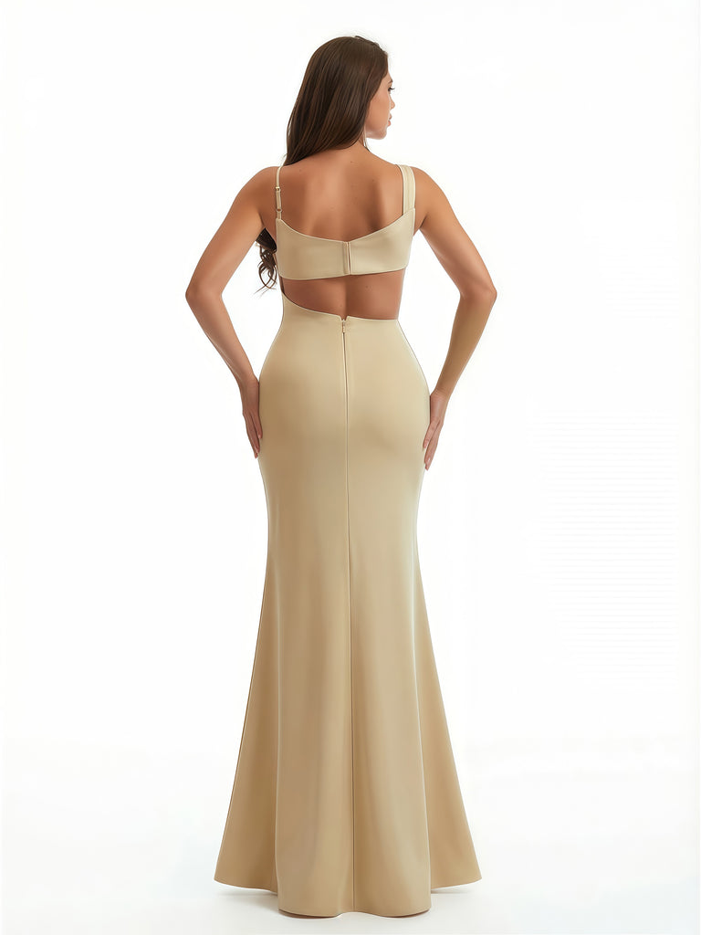 Trendy Ruched Satin Asymmetic Neckline Mermaid Long Formal Dresses Side Slit