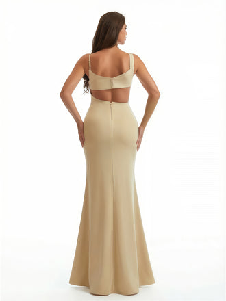 Trendy Ruched Satin Asymmetic Neckline Mermaid Long Formal Dresses Side Slit