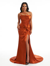 Sexy One Shoulder Boning Side Slit Mermaid Soft Satin Long Bridesmaid Dresses Online