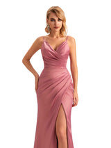 Sexy Side Slit V-neck Mermaid Silky Satin Unique Long Formal Ladies Bridesmaid Dresses
