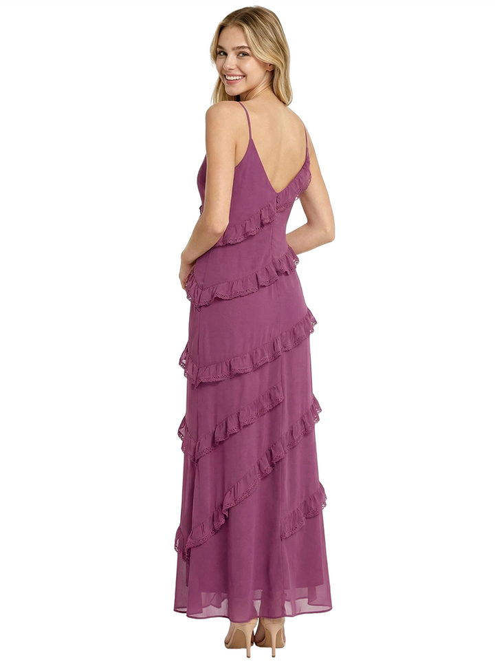 Cute Spaghetti Straps V-Neck Ruffles A-Line Ankle-Length Long Party Prom Dresses