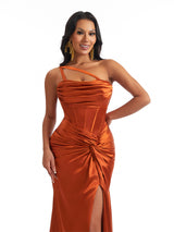 Sexy One Shoulder Boning Side Slit Mermaid Soft Satin Long Bridesmaid Dresses Online