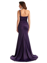 Sexy Side Slit Mermaid Soft Satin One Shoulder Modern Long Bridesmaid Dresses