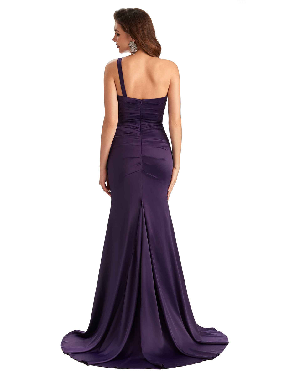 Sexy Side Slit Mermaid Soft Satin One Shoulder Modern Long Bridesmaid Dresses
