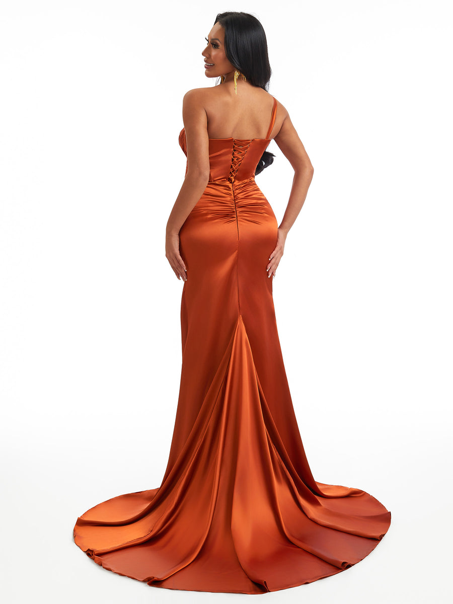 Sexy One Shoulder Boning Side Slit Mermaid Soft Satin Long Bridesmaid Dresses Online
