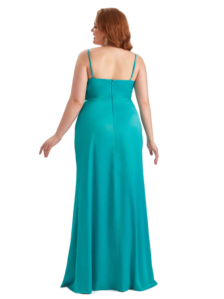 Sexy Side Slit Spaghetti Straps Mermaid Soft Satin Long Plus Size Maid of Honor Dresses