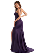 Sexy Side Slit Mermaid Soft Satin One Shoulder Modern Long Bridesmaid Dresses
