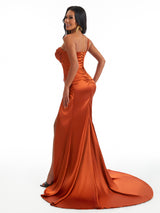 Sexy One Shoulder Boning Side Slit Mermaid Soft Satin Long Bridesmaid Dresses Online