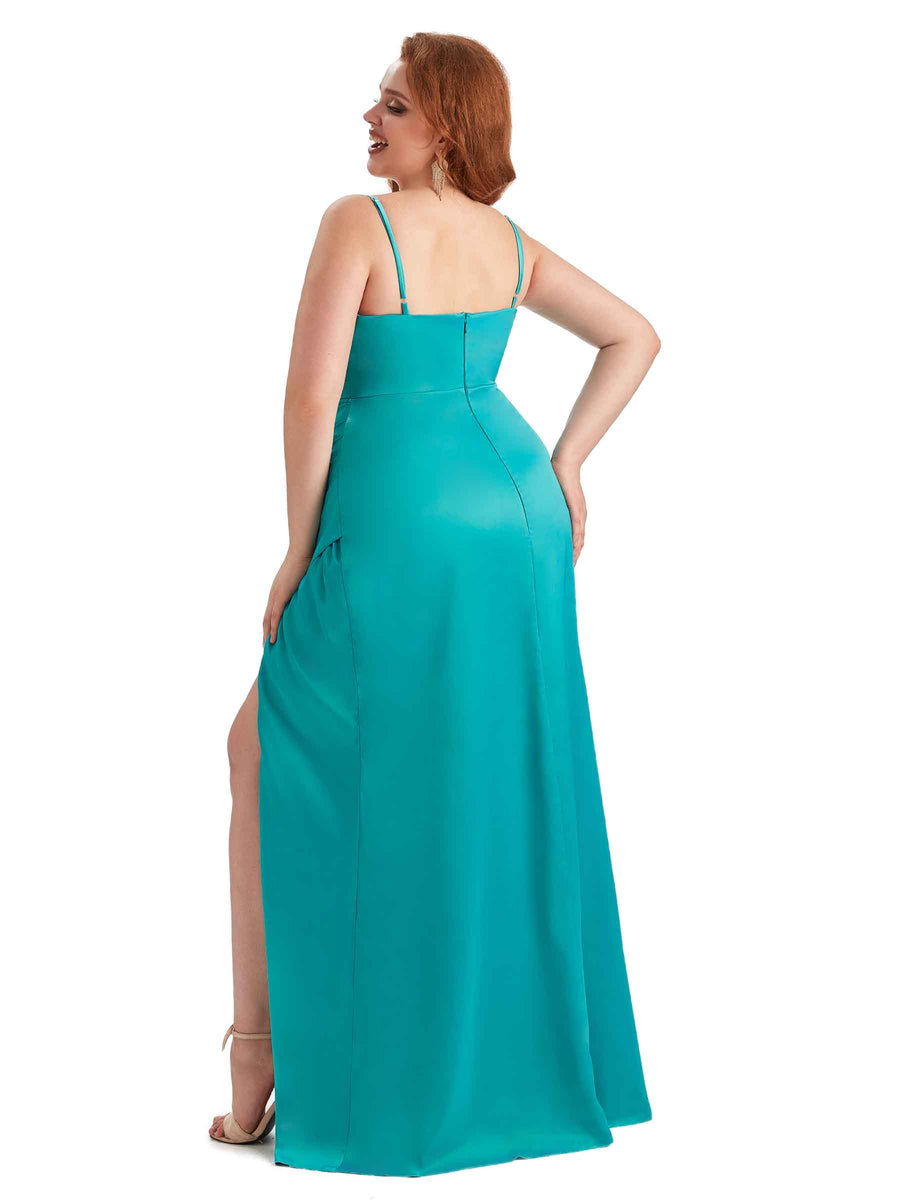 Plus Size Sexy Side Slit Spaghetti Straps Mermaid Soft Satin Long Maid of Honor Dresses