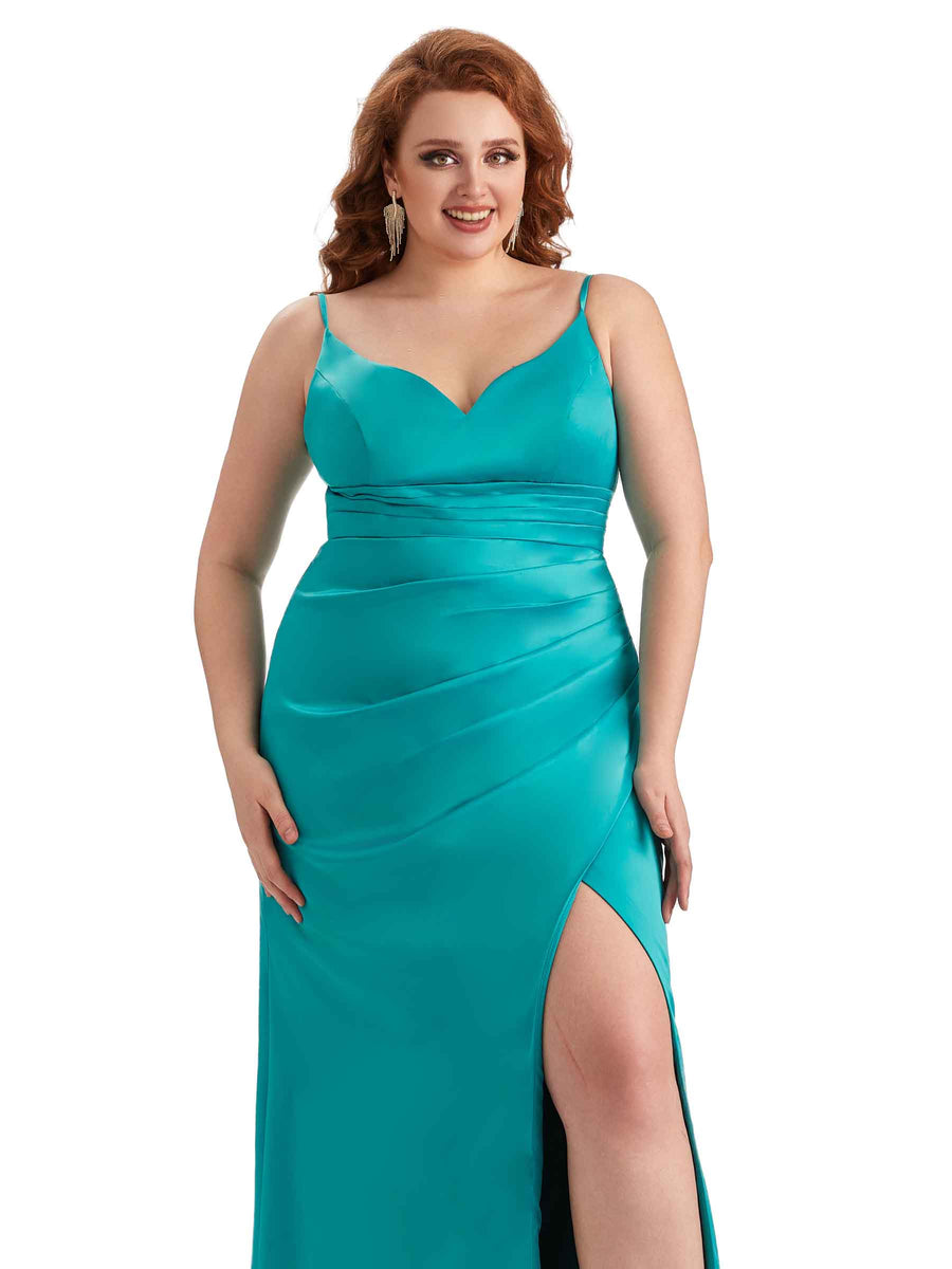 Plus Size Sexy Side Slit Spaghetti Straps Mermaid Soft Satin Long Maid of Honor Dresses