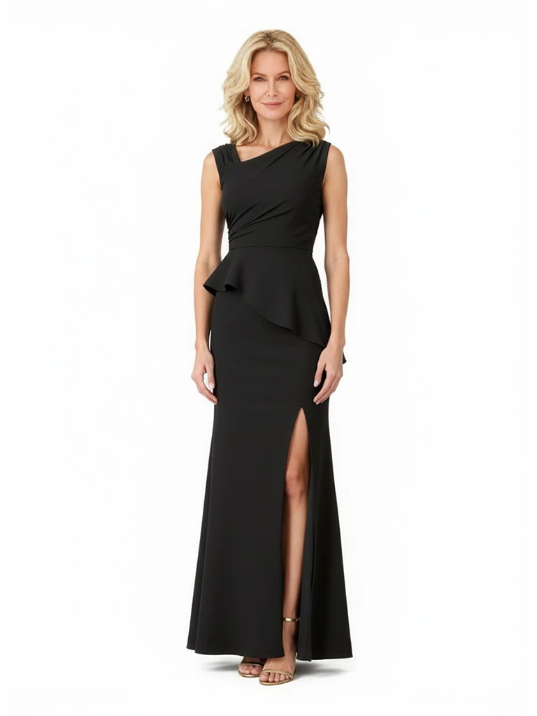 Elegant Asymmetric Neckline Crepe Side Slit Mermaid Long Mother of the Brides Dresses