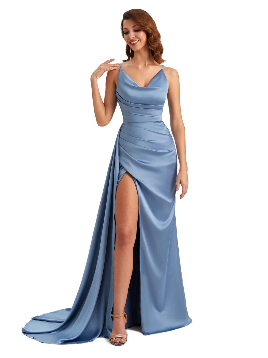 Sexy Side Slit Mermaid Silky Satin Cowl Spaghetti Straps Unique Long Bridesmaid Dresses Online
