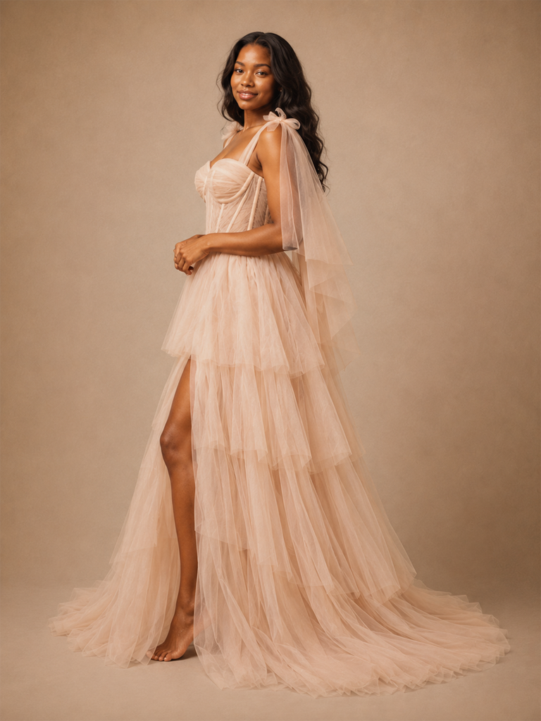 ChicSew Beautiful Spaghetti Straps Side Slit Tiered A-Line Lace Tulle Maxi Long Wedding Dress