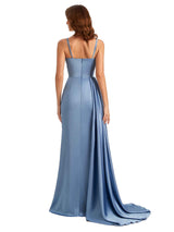 Sexy Side Slit Mermaid Silky Satin Cowl Spaghetti Straps Unique Long Bridesmaid Dresses Online