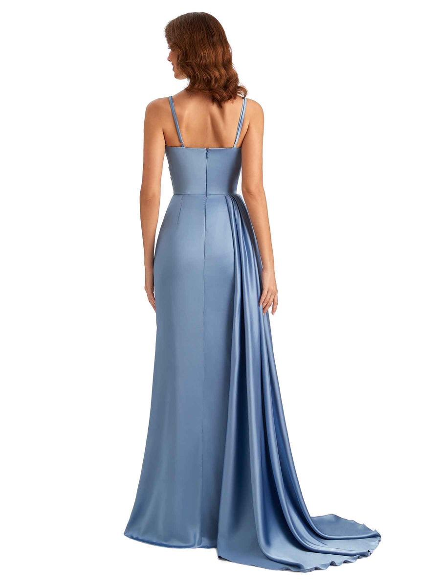 Sexy Side Slit Mermaid Silky Satin Cowl Spaghetti Straps Unique Long Bridesmaid Dresses Online