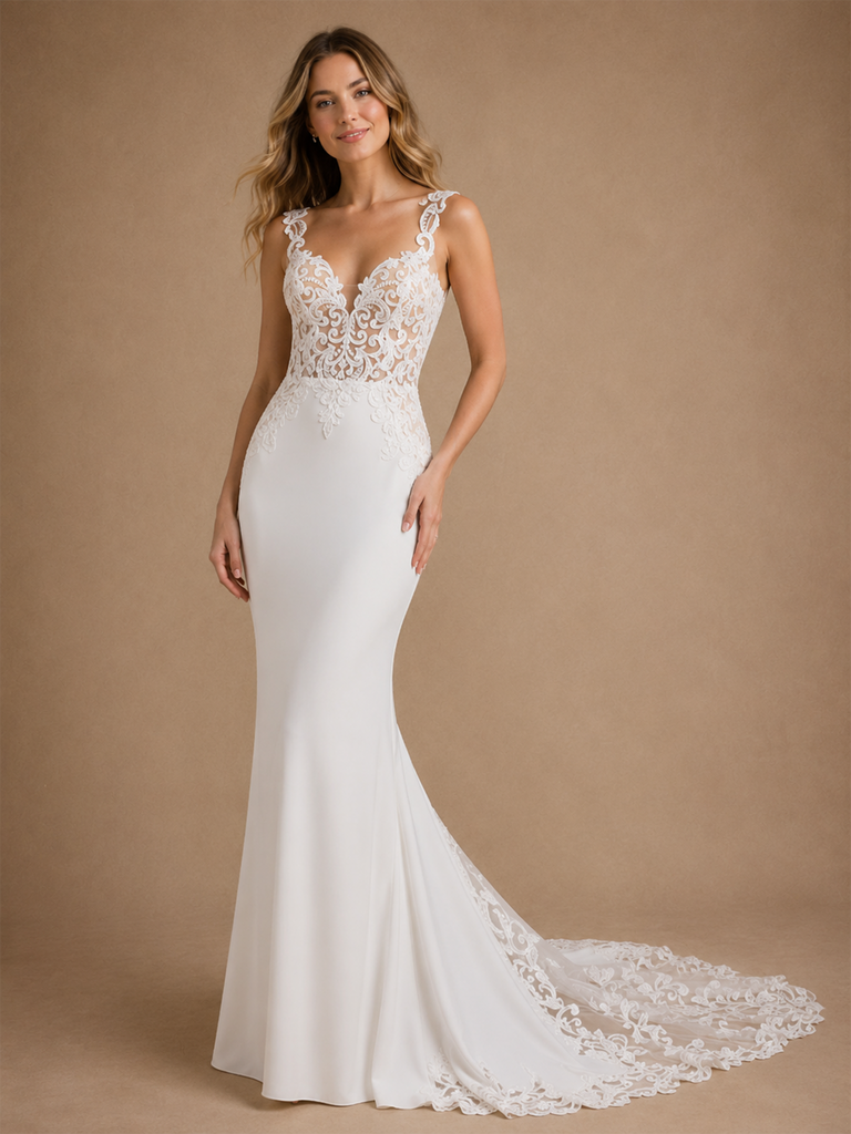 ChicSew Sexy Spaghetti Straps Sleeveless Mermaid  Lace Crepe Long Wedding Dress