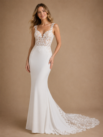 ChicSew Sexy Spaghetti Straps Sleeveless Mermaid  Lace Crepe Long Wedding Dress