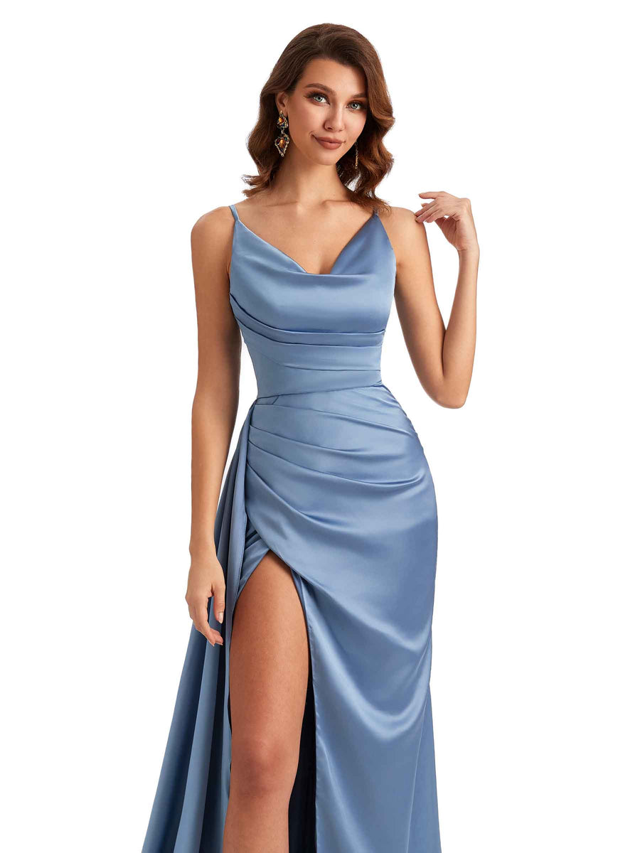 Sexy Side Slit Mermaid Silky Satin Cowl Spaghetti Straps Unique Long Bridesmaid Dresses Online