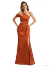 Elegant Asymmetrical One Shoulder Mermaid Ruched Satin Long Formal Dresses Side Slit