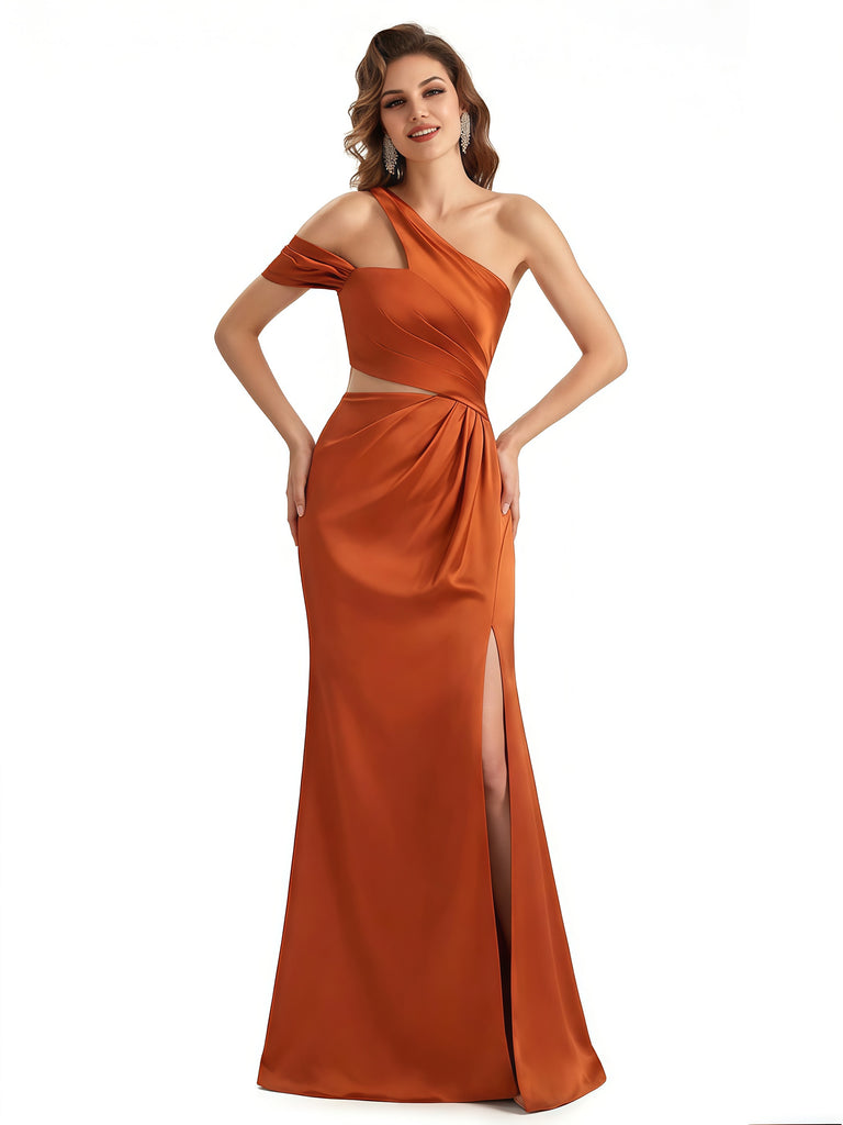 Elegant Asymmetrical One Shoulder Mermaid Ruched Satin Long Formal Dresses Side Slit