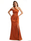 Elegant Asymmetrical One Shoulder Mermaid Ruched Satin Long Formal Dresses Side Slit