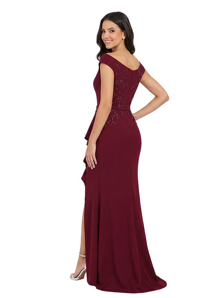 Sexy Asymmetric Neck Beaded Satin Mother Of The Bride Ruffle Slit Evening Gown