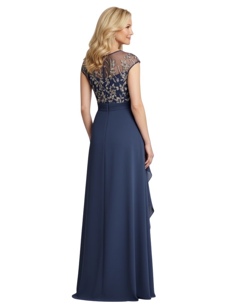 Elegant Cap Sleeves Lace Chiffon Side Slit A-line Mother of The Bride Dresses