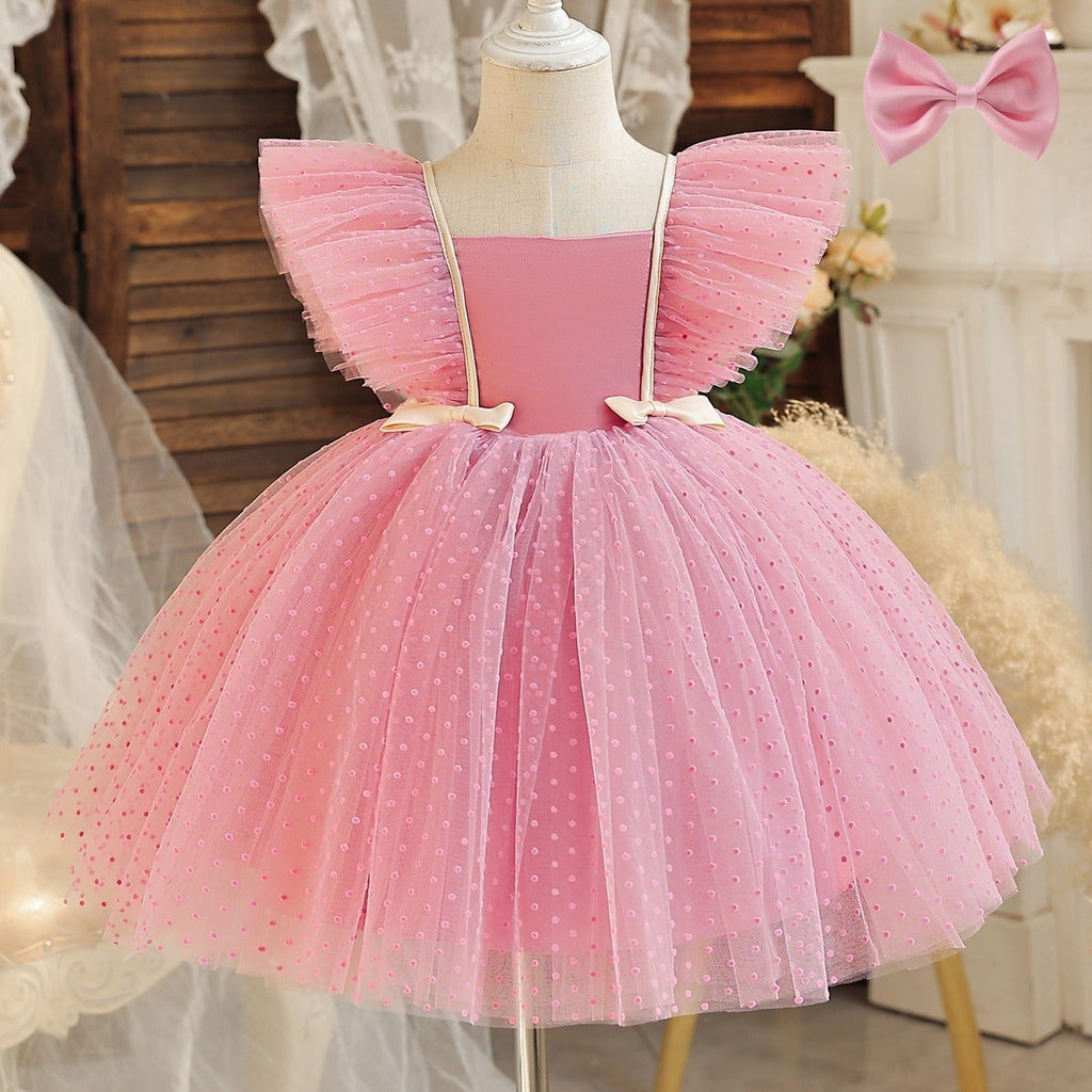 Elegant Bow Tie Tulle Flower Girls Dress for Wedding Kids Tutu Dress