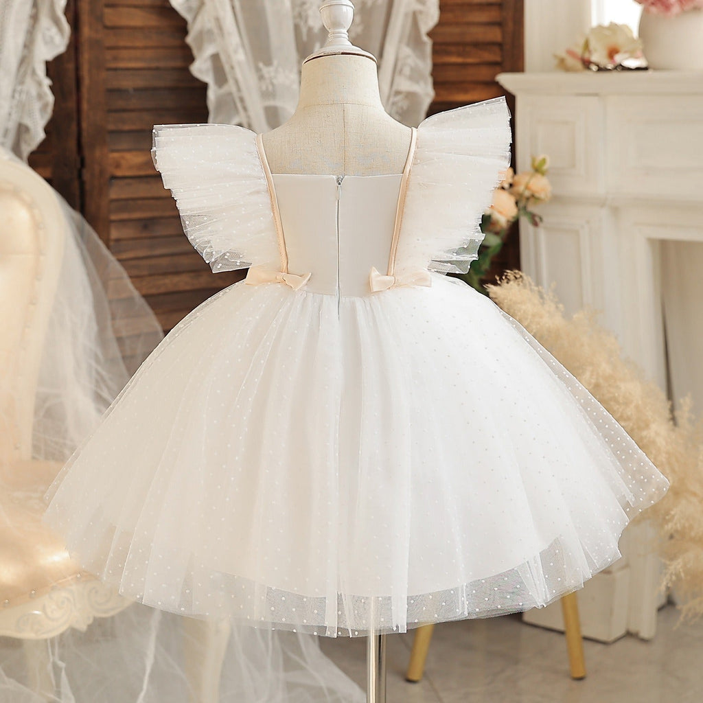 Elegant Bow Tie Tulle Flower Girls Dress for Wedding Kids Tutu Dress