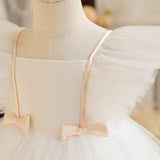 Elegant Bow Tie Tulle Flower Girls Dress for Wedding Kids Tutu Dress