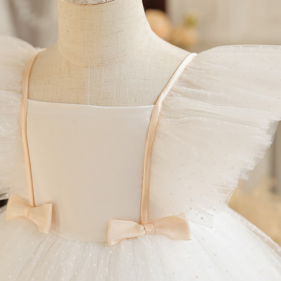 Elegant Bow Tie Tulle Flower Girls Dress for Wedding Kids Tutu Dress