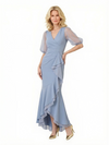 Elegant Chiffon Lantern Sleeves Mermaid V-Neck Ruffle Mother of The Bride Dresses