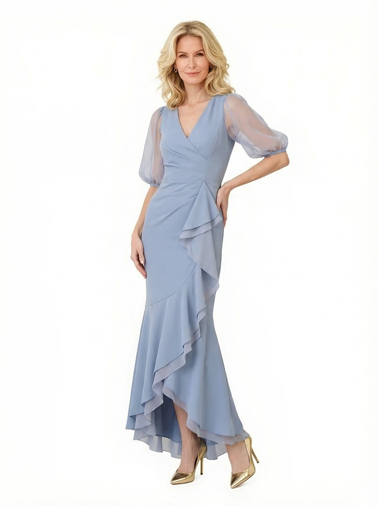 Elegant Chiffon Lantern Sleeves Mermaid V-Neck Ruffle Mother of The Bride Dresses
