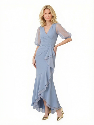 Elegant Chiffon Lantern Sleeves Mermaid V-Neck Ruffle Mother of The Bride Dresses