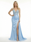 Glamorous V-Neck Satin Evening Dress featuring Rhinestone Bodice And Ruched Side Slit