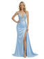 ChicSew Glamorous Spaghetti Straps V-Neck Beaded Long Mermaid Satin Evening Dress Side Slit
