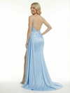 Glamorous V-Neck Satin Evening Dress featuring Rhinestone Bodice And Ruched Side Slit