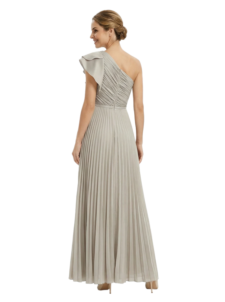 Pretty Mother of The Groom Dress Modern One Shoulder Ruffled Chiffon Pleated Long Flowy Evening Gown
