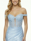 Unique Illusion Corset Prom Dress with Off-the-Shoulder Lace Sleeves And Sheer Bodice