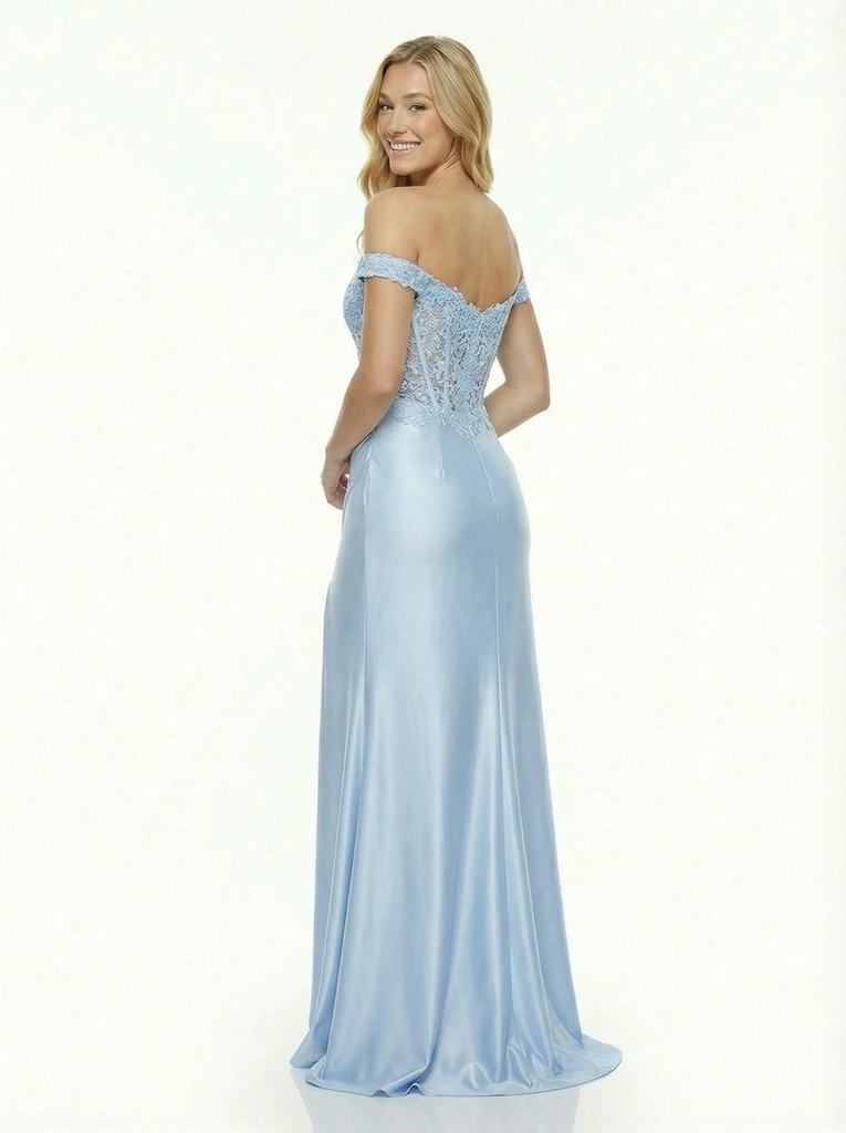 Unique Illusion Corset Prom Dress with Off-the-Shoulder Lace Sleeves And Sheer Bodice