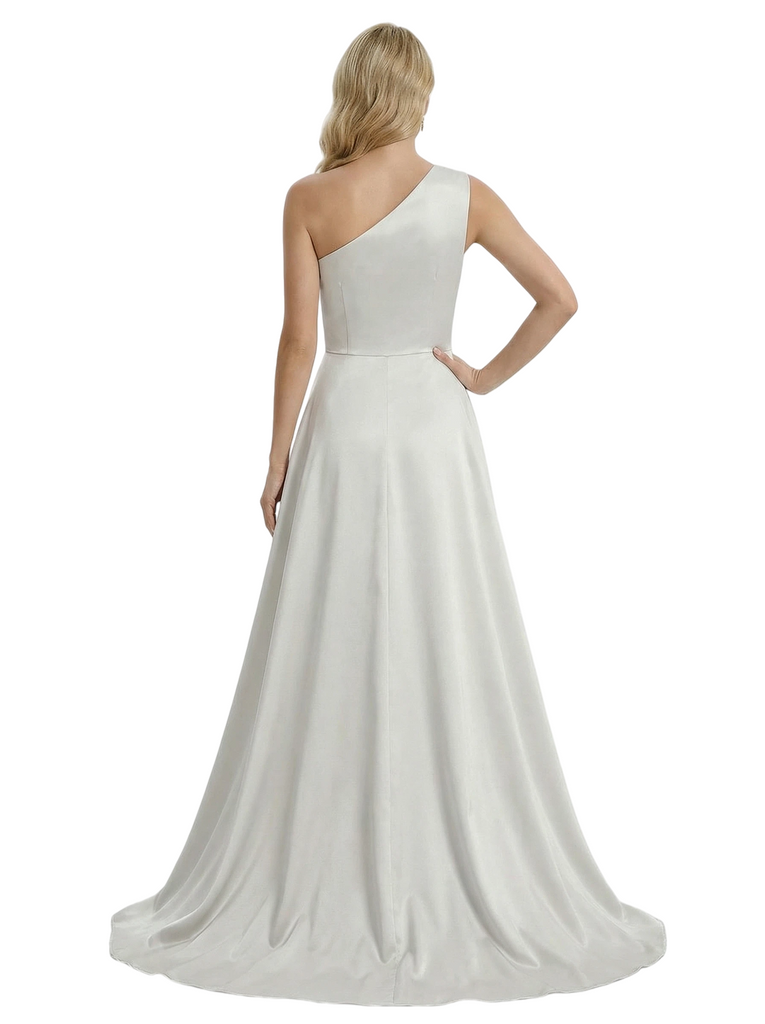 Sexy Mother of The Bride Dress Unique One Shoulder Satin Fitted Long Draped Formal Mermaid Gown