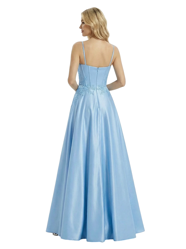 ChicSew Modern V-Neck A-line Side Slit Spaghetti Straps Satin Party Prom Dress