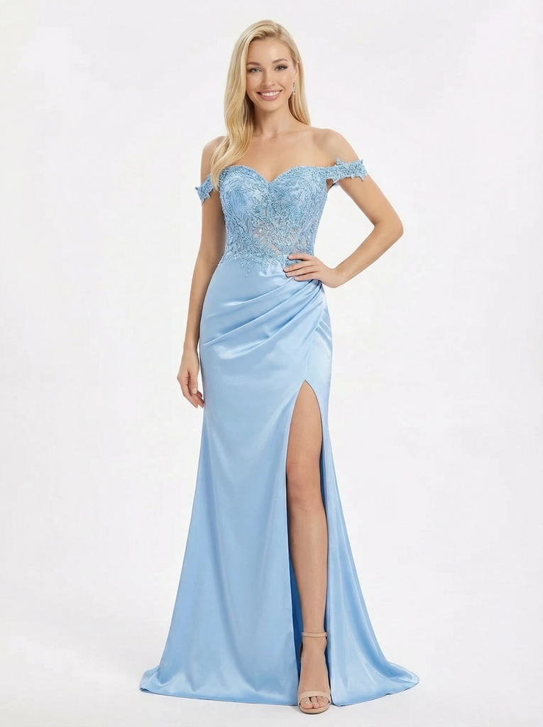 Elegant Lace Off-Shoulder Formal Gown with Ruched Satin Skirt And Floor Length