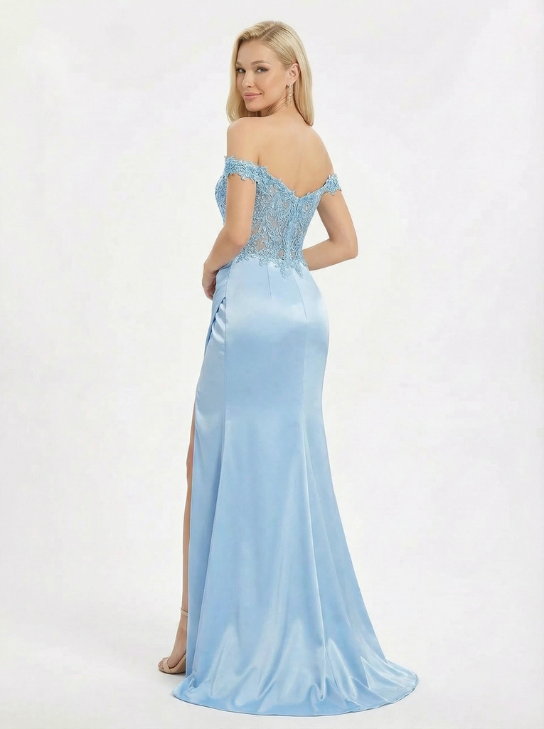 Elegant Lace Off-Shoulder Formal Gown with Ruched Satin Skirt And Floor Length