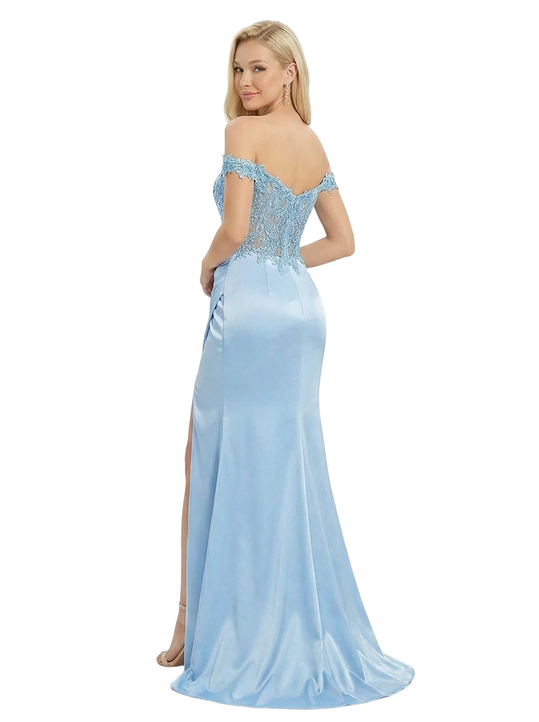 ChicSew Elegant Lace Off Shoulder Side Slit Formal Gown Ruched Satin Prom Dress