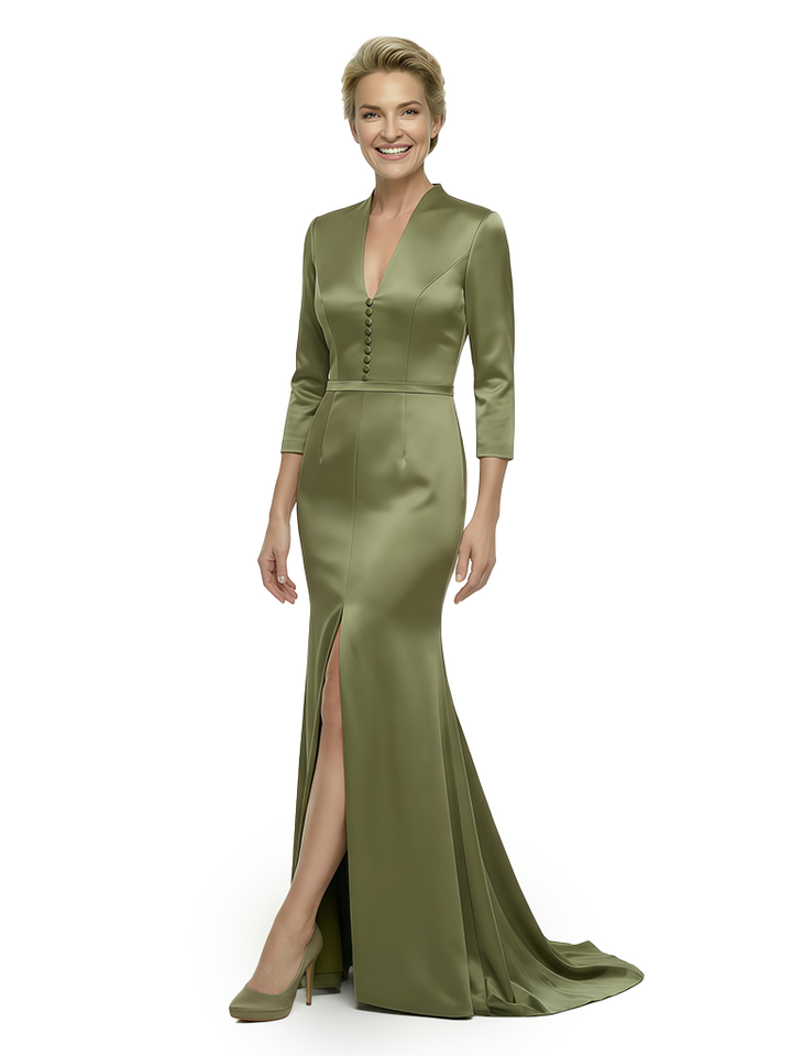 Elegant V-neck 3/4 Sleeves Floor-Length Mother Of The Bride Dress With Button