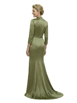 Elegant V-neck 3/4 Sleeves Floor-Length Mother Of The Bride Dress With Button