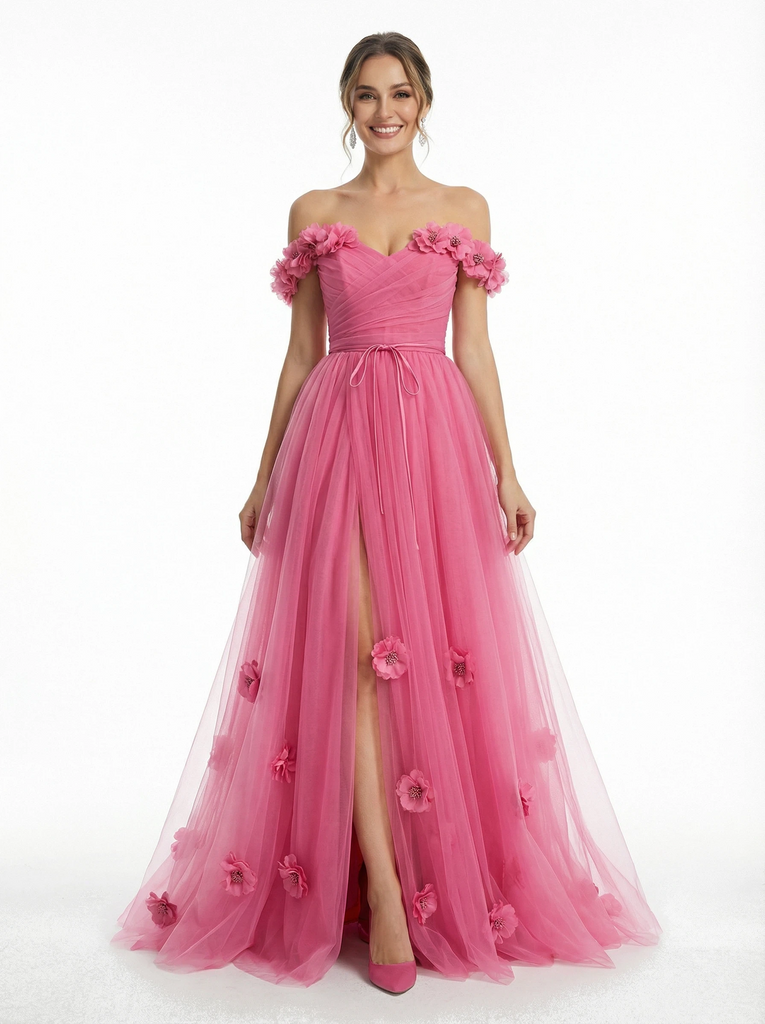 Beautiful Off The Shoulder 3D Flower Prom Gown Layered Tulle A-Line Formal Party Dress